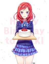  :3 bad_id bad_pixiv_id birthday birthday_cake blazer cake female food fruit jacket looking_at_viewer love_live! love_live!_school_idol_project nishikino_maki open_mouth otonokizaka_school_uniform plaid plaid_skirt pleated_skirt purple_eyes red_hair school_uniform short_hair skirt solo strawberry tobi_(mue86) tray winter_uniform 