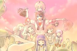  6+boys 6+girls ^_^ akasaka_mamoru bag blonde_hair blue_hair breasts brother_and_sister brown_hair camera carrying chie_rumiko closed_eyes commentary_request everyone furude_rika green_hair hanyuu happy higurashi_no_naku_koro_ni horns houjou_satoko houjou_satoshi hug irie_kyousuke large_breasts long_hair maebara_keiichi mary_janes multiple_boys multiple_girls neck_ribbon necktie oka_(umanihiki) ooishi_kuraudo outdoors pantyhose plaid plaid_skirt ponytail ribbon ryuuguu_rena school_bag school_uniform serafuku shoes short_hair shoulder_carry siblings sisters skirt smile sonozaki_mion sonozaki_shion sunset takano_miyo tomitake_jirou twins v very_long_hair vest 