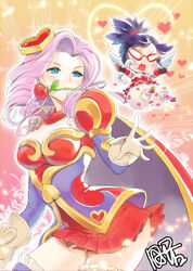  2girls ashe_(league_of_legends) black_hair blue_eyes cape chibi commentary_request dakun fingerless_gloves flower flower_in_mouth glasses gloves hair_ornament heart heart_hair_ornament heartseeker_ashe heartseeker_vayne league_of_legends mouth_hold multiple_girls photoshop_(medium) pink_hair ponytail rose striped thighhighs vayne_(league_of_legends) wings 