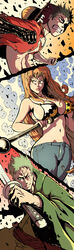  2013 2boys abs absurdres battle bikini bikini_top_only black_hair breasts clenched_teeth clima-tact close-up commentary dual_wielding earrings english_commentary female green_hair haki hat highres holding jewelry katana large_breasts long_hair md5_mismatch monkey_d._luffy multiple_boys nami_(one_piece) navel one-eyed one_piece open_clothes open_shirt orange_eyes orange_hair photoshop_(medium) pikoloz-dreamin resolution_mismatch roronoa_zoro sheath shirt short_hair signature source_smaller straw_hat swimsuit sword teeth very_long_hair weapon 