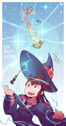  brown_eyes brown_hair commentary_request female hands_up hat highres hood hood_down hooded_robe james_choo kagari_atsuko little_witch_academia long_hair open_mouth photoshop_(medium) ponytail red_eyes robe shiny_rod_(little_witch_academia) smile teeth upper_body upper_teeth_only witch witch_hat 