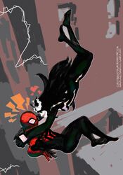  1boy black_hair black_skin breasts colored_skin commentary female genderswap_(mtf) hair_ribbon heart highres humanization long_hair marvel monster_girl peter_parker ribbon rope rule_63 sharp_teeth smile somersaultdropkick spider-man spider-man_(series) symbiote teeth venom_(marvel) watermark web_address 