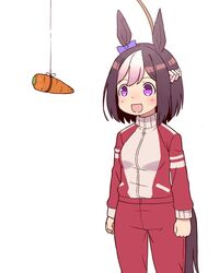  :d animal_ears blush bow brown_hair carrot carrot_on_stick commentary female hair_ribbon hairbow hondarai horse_ears horse_girl horse_tail multicolored_hair open_mouth ribbon short_hair smile solo special_week_(umamusume) tail tracen_training_uniform track_suit two-tone_hair umamusume white_background winter_uniform 