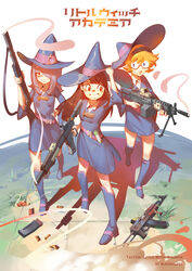  3girls absurdres ammunition_box angled_foregrip ar-15 artist_name assault_rifle bad_gun_anatomy bipod black_soldier blue_eyes blue_footwear blue_headwear boots brown_hair commentary copyright_name dress eotech fn_minimi folding_stock foregrip glasses gradient_text grass gun gun_sling hair_over_one_eye hairband hat highres holding holding_gun holding_weapon kagari_atsuko kalashnikov_rifle knee_boots laser_sight light_machine_gun little_witch_academia long_hair lotte_jansson machine_gun magazine_(weapon) multiple_girls optical_sight orange_hair photoshop_(medium) pink_hair pm_md_63/65 purple_hair red_eyes reflex_sight rifle shadow shell_casing short_hair shotgun skirt smile smoke smoke_grenade smoking_barrel standing sucy_manbavaran suppressor tile_floor tiles weapon white_background witch witch_hat 