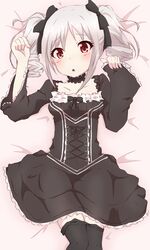  :o absurdres blush bow choker clothes_pull commentary_request dakimakura_(medium) dress drill_hair female frilled_dress frills gothic_lolita grey_hair hairbow highres idolmaster idolmaster_cinderella_girls kanzaki_ranko lolita_fashion looking_at_viewer pantyhose pantyhose_pull red_eyes solo twin_drills twintails yasai_yuuki 