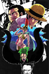  3boys absurdres armor bartolomeo bikini_armor black_hair blind breasts cape cleavage commentary elbow_pads english_commentary facial_hair facial_tattoo fangs female fur gladiator goatee green_hair grin hat helmet highres issho_(fujitora) large_breasts long_hair monkey_d._luffy multi-tied_hair multiple_boys navel nose_piercing nose_ring one_piece partially_colored photoshop_(medium) piercing pikoloz-dreamin pink_hair plume rebecca_(one_piece) scar short_hair signature smile straw_hat sword tattoo torn_cape torn_clothes weapon zoom_layer 