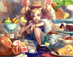  banana bottle bread cheek_bulge chicken_(food) chicken_leg clam commentary_request dirty dirty_face drill_hair eating female food fork fruit grapes ice_cream ice_cream_cone long_hair meat melon minoo necktie orange_(fruit) original pasta photoshop_(medium) pig_head pink_eyes servant solo_focus throne twin_drills twintails very_long_hair wristband 