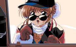  4bpp car double_bun female game_cg hair_buns hat motor_vehicle oldschool outdoors pc98 solo sunglasses taxi_genmutan vehicle 