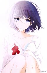  arm_behind_back blue_bra blue_eyes blue_hair bra breasts cleavage collarbone commentary dated female head_tilt highres kuzu_no_honkai looking_at_viewer off_shoulder open_clothes open_shirt shirt short_hair signature simple_background sitting small_breasts solo tsukimori_usako underwear white_background white_shirt yasuraoka_hanabi 