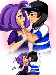  1boy acerola_(pokemon) baseball_cap black_hair blush dress elite_four eye_contact female flipped_hair half-closed_eyes hand_on_another&#039;s_arm hands_on_another&#039;s_face highres looking_at_another open_mouth pokemon pokemon_(game) pokemon_sm purple_eyes purple_hair shirt striped_shirt tensama_(ten2009) trial_captain you_(pokemon_sm) 