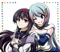  2girls akemi_homura akemi_homura_(magical_girl) armband bad_id bad_pixiv_id belt black_hair blue_eyes blue_hair cape collarbone fortissimo gloves grin hair_ornament hair_ribbon hairclip hands_on_another&#039;s_shoulders long_hair magical_girl mahou_shoujo_madoka_magica mahou_shoujo_madoka_magica:_hangyaku_no_monogatari miki_sayaka miki_sayaka_(magical_girl) multiple_girls musical_note musical_note_hair_ornament neko_nami83 one_eye_closed purple_eyes ribbon short_hair smile soul_gem 