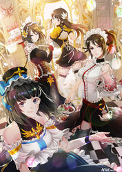  4girls adapted_costume bare_shoulders black_hair black_legwear blue_eyes cake checkered_floor commentary_request corset dungeon_and_fighter female_crusader_(dungeon_and_fighter) female_priest_(dungeon_and_fighter) food frills garter_straps hairband hat inquisitor_(dungeon_and_fighter) lolita_fashion lolita_hairband long_hair looking_at_viewer maid maid_headdress mistress_(dungeon_and_fighter) multiple_girls nak166 photoshop_(medium) ponytail shaman_(dungeon_and_fighter) short_hair skirt tattoo teapot thighhighs 