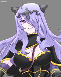  armor between_breasts breasts camilla_(fire_emblem) camilla_(fire_emblem_if) circlet cleavage elbow_gloves female fire_emblem fire_emblem_if gauntlets gloves grey_background hair_over_one_eye long_hair open_mouth purple_eyes purple_hair see-through simple_background solo strap strap_cleavage twitter_username 