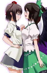  2girls asymmetrical_docking belt black_wings bow breast_envy breast_press breasts brown_eyes brown_hair cape cl_(h-sys.) commentary_request dress_shirt green_bow green_skirt hairbow hands_on_own_hips hat large_breasts long_hair medium_breasts multiple_girls open_mouth pointy_ears red_eyes reiuji_utsuho shameimaru_aya shirt short_hair short_sleeves skirt smile sweatdrop third_eye tokin_hat touhou wings 