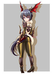  armor ass bat_wings black_hair black_socks blue_eyes bodysuit boots clothes_lift commentary_request dress dress_lift earrings elin female from_behind gauntlets head_wings high_heels highres holding_own_tail jewelry kneehighs kumehara_chiyota lifting_own_clothes long_tail looking_back reaper_(tera_online) short_hair skin_tight socks solo tail tera_online tight_clothes trefoil wings 