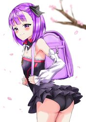  artist_request ass backpack bare_shoulders blush detached_collar detached_sleeves dress fate/grand_order fate_(series) female flat_chest hair_ribbon helena_blavatsky_(fate/grand_order) looking_at_viewer panties purple_eyes purple_hair ribbon shiny shiny_hair short_dress short_hair smile solo 