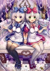  2girls :d airi_(alice_or_alice) akabane_(zebrasmise) alice_or_alice apron black_legwear blue_bow blue_footwear blue_neckwear blue_shirt blue_skirt blush bow bowtie breasts checkered_floor dress_shirt floating_hair frilled_skirt frills from_above full_body green_eyes hair_between_eyes hairbow highres holding_hands interlocked_fingers long_hair looking_at_viewer mary_janes medium_breasts multiple_girls open_mouth purple_eyes red_bow red_bowtie red_footwear red_shirt red_skirt rise_(alice_or_alice) shirt shoes silver_hair sitting skirt smile sparkle thighhighs very_long_hair white_apron white_legwear wrist_cuffs zettai_ryouiki 