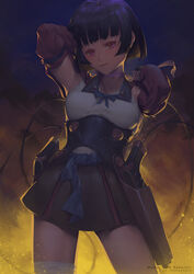  arm_ribbon armpits arms_up artist_name backlighting bandaged_leg bandages black_hair black_light blue_bow blunt_bangs blurry blush bow breasts character_name choker commentary copyright_name corset cowboy_shot depth_of_field female fingerless_gloves fire gloves gun highres holster koutetsujou_no_kabaneri light_particles looking_at_viewer medium_breasts mumei_(kabaneri) parted_lips pink_ribbon red_eyes ribbon ribbon_choker short_hair smile smoke solo weapon wire 