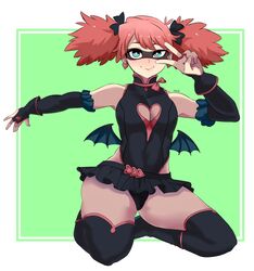  bare_shoulders bat bat_wings boku_no_hero_academia bow breasts cleavage detached_sleeves domino_mask earrings female haneyama_kazuho pink_hair pop_step solo thighhighs twintails vigilante_-boku_no_hero_academia:_illegals- 