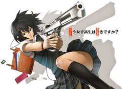  black_eyes black_hair glasses gun headphones kneehighs kurojishi phone seifuku short_hair translation_request waifu2x weapon wristwear 