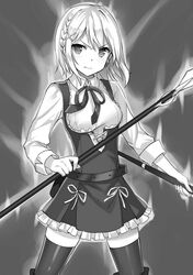  angry aura bow braid dress dual_wielding female frilled_dress frills greyscale holding imageboard_desourced kudou_ayato last_embryo momoko_(momopoco) mondaiji-tachi_ga_isekai_kara_kuru_sou_desu_yo? monochrome non-web_source novel_illustration official_art polearm short_hair skirt solo spear weapon 