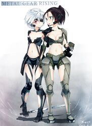  absurdres arm_holding barefoot black_hair breasts cleavage cyborg genderswap_(mtf) highres katana kentllaall medium_breasts metal_gear_(series) metal_gear_rising:_revengeance multiple_girls ponytail raiden red_eyes rule_63 samuel_rodrigues scar small_breasts sword weapon white_hair 