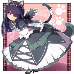  animal_ears black_hair bonnet cat_ears cat_tail dress eyepatch female frills gothic_lolita hime_cut lolita_fashion mirai_(senran_kagura) ponpo red_eyes senran_kagura smile solo tail wings 