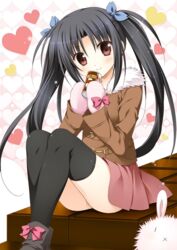  alice_or_alice black_hair black_thighhighs blue_ribbon bow brown_coat brown_eyes can coat female floating_hair footwear_bow frilled_skirt frills fur_trim gloves hair_between_eyes hair_ribbon head_tilt heart highres holding holding_can kisaki_(alice_or_alice) korie_riko long_hair looking_at_viewer miniskirt pink_bow pink_gloves pink_skirt ribbon shiny_clothes shoes sitting skirt smile solo thighhighs twintails very_long_hair 