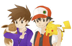  2boys black_hair brown_hair eevee hat hirumae multiple_boys ookido_green pikachu pokemon pokemon_(game) pokemon_rgby red_(pokemon) red_(pokemon)_(classic) 