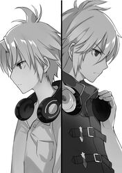  2boys greyscale headphones imageboard_desourced last_embryo momoko_(momopoco) mondaiji-tachi_ga_isekai_kara_kuru_sou_desu_yo? monochrome multiple_boys non-web_source official_art saigou_homura sakamaki_izayoi 