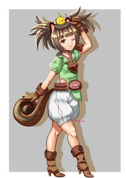  animal_ears arm_up belt boots brown_eyes brown_hair commentary_request dog_ears elin female gloves green_shirt hand_on_own_head high_heels highres kumehara_chiyota one_eye_closed shirt short_hair shorts smile solo tail tera_online twintails white_shorts 