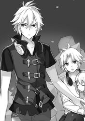  2boys female greyscale headphones imageboard_desourced kudou_ayato last_embryo momoko_(momopoco) mondaiji-tachi_ga_isekai_kara_kuru_sou_desu_yo? monochrome multiple_boys non-web_source official_art saigou_homura sakamaki_izayoi 