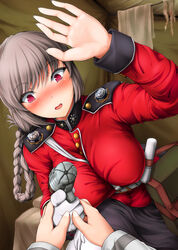  aiming aiming_at_viewer belt belt_pouch between_breasts blush bol_(liliymimi) braid braided_hair_rings breasts commentary_request dutch_angle embarrassed empty_eyes epaulettes eyebrows eyelashes fate/grand_order fate_(series) female finger_on_trigger fingernails florence_nightingale_(fate) gloves grey_eyes gun hair_rings handgun highres holding holding_clothes holding_gloves holding_gun holding_weapon indoors large_breasts long_fingernails long_hair long_sleeves looking_at_hand looking_down mandarin_collar military military_uniform open_mouth out_of_frame palms pantyhose pocket pouch pov pov_hands red_eyes single_braid single_glove skirt solo_focus string tied_hair towel uniform unworn_gloves weapon white_gloves white_legwear 