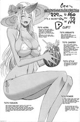  ^_^ bikini breasts character_profile cleavage closed_eyes dark_skin drink female flower food fruit hard_translated hat hat_flower highres horn huge_breasts inui_takemaru legs legs_together long_hair long_legs measurements micro_bikini monochrome monster_girl monster_musume_no_iru_nichijou navel oerba_yun_fang okayado oni side-tie_bikini sideboob sitting skindentation smile solo sun_hat swimsuit thighs tionishia underboob watermelon 