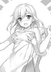  2girls armpit_crease bare_shoulders blush breasts grabbing grabbing_another&#039;s_breast grabbing_from_behind greyscale hair_between_eyes imageboard_desourced last_embryo medium_hair momoko_(momopoco) mondaiji-tachi_ga_isekai_kara_kuru_sou_desu_yo? monochrome multiple_girls naked_towel navel non-web_source official_art raised_eyebrows sweat towel 