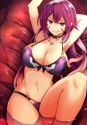  ahoge armpits arms_up bikini blush breasts character_request cleavage commentary_request facial_mark female hakoniwa_tsuka large_breasts long_hair looking_at_viewer navel o-ring o-ring_bottom partially_submerged purple_bikini purple_eyes purple_hair smile solo swimsuit water 