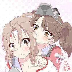  2girls absurdres ai_ai_gasa armor biting blush bow breastplate brown_eyes brown_hair character_name commentary_request ear_biting frown hand_on_another&#039;s_shoulder headband highres japanese_clothes kantai_collection multiple_girls nibbling ponytail ryuujou_(kancolle) scared short_ponytail tears twintails visor_cap wavy_mouth yasai_yuuki yuri zuihou_(kancolle) 