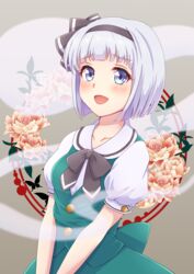  :d black_hairband blue_eyes blush bob_cut bow breasts collared_shirt commentary_request female flower hair_ribbon hairband konpaku_youmu konpaku_youmu_(ghost) large_bow looking_at_viewer medium_breasts mitsucho open_mouth ribbon sash shirt short_hair skirt skirt_set smile solo touhou v_arms vest white_hair 