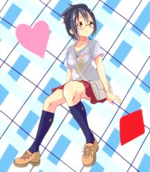  bag blue_hair blue_socks bracelet brown_eyes casual ch-b commentary_request female glasses handbag heart jewelry kneehighs miniskirt necklace pleated_skirt saki_(manga) saki_achiga-hen shirt shoes short_hair sitting skirt socks solo t-shirt white_shirt yasukouchi_yoshiko 