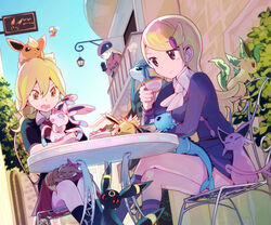  3girls ace_trainer_(pokemon) astrid_(pokemon) blonde_hair blue_eyes blush cafe cake chair commentary_request crossed_legs cup eevee espeon evolutionary_line flareon food forked_tail glaceon inaeda_kei jolteon lass_(pokemon) leafeon long_hair multiple_girls open_mouth pokemon pokemon_(creature) pokemon_ranger_(pokemon) pokemon_xy ponytail short_hair sitting sylveon tail teacup umbreon vaporeon yellow_eyes 