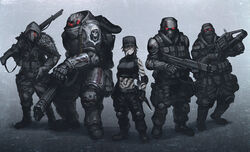  4boys armor bodypaint bomb_suit boots buckle bullpup commentary_request female glowing glowing_eyes grenade_launcher gun handgun hat heavy_machine_gun helevu hetza_(hellshock) holster hood knife machine_gun markings military multiple_boys navel original paint power_armor power_suit science_fiction scorpion_tattoo shoulder_tattoo snap-fit_buckle tattoo weapon 