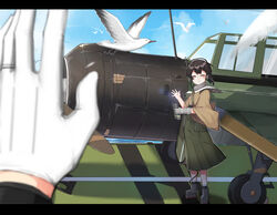  absurdres aircraft airplane b6n_tenzan bad_id bad_pixiv_id binoculars bird boots brown_eyes brown_hair closed_eyes cloud day female flight_deck full_body gloves hakama hakama_skirt headphones highres holding japanese_clothes kantai_collection kasuga_maru_(kancolle) letterboxed looking_at_viewer military military_vehicle ocean out_of_frame partially_fingerless_gloves pov pov_hands scarf ship short_hair skirt sky smile solo_focus taiyou_(kancolle) vehicle_focus warship watercraft wulazula yugake 