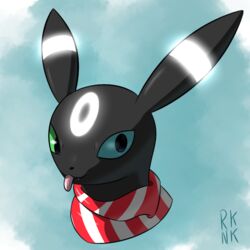  1:1 2018 ambiguous_gender bioluminescence black_body black_fur blep blue_eyes canid canine eeveelution fan_character feral fur generation_2_pokemon glowing green_eyes headshot_portrait long_ears looking_at_viewer mammal nintendo pokemon pokemon_(species) portrait rk scarf simple_background sky_(umbry_sky) solo teeth tongue tongue_out umbreon 