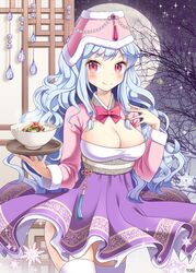  bad_id bad_pixiv_id blue_hair bowl breasts cleavage female food hat large_breasts linus_falco long_hair looking_at_viewer red_eyes ribbon smile snowflakes solo sword_girls thighhighs tobi_(mue86) tray wavy_hair 