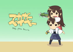  2girls aircraft airplane akagi_(kancolle) brown_eyes brown_hair carrying chibi commentary_request gloves japanese_clothes kaga_(kancolle) kantai_collection kill_me_baby long_hair multiple_girls open_mouth painttool_sai_(medium) parody shoulder_carry sitting_on_shoulder sweatdrop thighhighs title_parody yugami_gooshu 