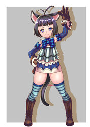  animal_ears arm_up armor armpits black_hair blue_eyes boots cat_ears commentary_request detached_sleeves dress elin female gloves hand_on_own_head hand_on_own_hip highres knee_boots kumehara_chiyota short_dress short_hair smile solo sparkling_eyes striped_clothes striped_thighhighs tail tera_online thighhighs zettai_ryouiki 