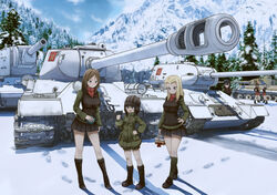  6+girls absurdres ankle_boots bad_id bad_pixiv_id bandaid basket behalter black_footwear black_hair black_jacket black_skirt blonde_hair blue_eyes boots brown_eyes brown_footwear brown_hair caterpillar_tracks clara_(girls_und_panzer) commentary crossed_arms emblem garrison_cap girls_und_panzer glaring green_jacket green_legwear grey_hair handkerchief hat helmet highres is-2 itsumi_erika jacket katyusha_(girls_und_panzer) knee_boots kneehighs kuromorimine_(emblem) kuromorimine_military_uniform kv-2 military military_uniform military_vehicle miniskirt motor_vehicle mountain multiple_girls nishizumi_maho nonna_(girls_und_panzer) oerba_yun_fang outdoors photoshop_(medium) pravda_(emblem) pravda_military_uniform red_shirt red_skirt shirt short_jumpsuit skirt snow socks t-34 t-34-85 tank tank_helmet thermos tiger_i tree turtleneck uniform vest 