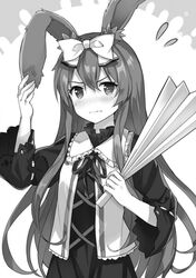  animal_ears blush bow female greyscale hairbow hand_fan hand_on_own_ear harisen imageboard_desourced kurousagi_(mondaiji) last_embryo long_hair momoko_(momopoco) mondaiji-tachi_ga_isekai_kara_kuru_sou_desu_yo? monochrome non-web_source official_art rabbit_ears solo sweatdrop 