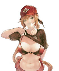  baseball_cap bikini bikini_top_only bikini_under_clothes blowing_bubbles breasts brown_hair chewing_gum clarisse_(granblue_fantasy) clothes_lift collarbone commentary_request female granblue_fantasy green_eyes hair_ribbon hat large_breasts long_hair navel ponytail ribbon shirt_lift simple_background solo swept_bangs swimsuit tokopi very_long_hair white_background 