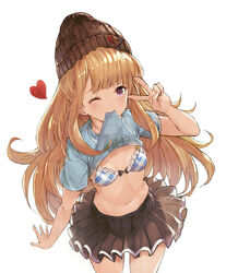  ;) beanie bikini bikini_top_only blonde_hair blue_bikini blush breasts cagliostro_(granblue_fantasy) casual clothes_lift commentary_request contemporary female granblue_fantasy hat heart jewelry long_hair looking_at_viewer mouth_hold navel necklace one_eye_closed plaid plaid_bikini purple_eyes shirt shirt_lift simple_background skirt small_breasts smile solo swimsuit t-shirt tokopi v white_background 